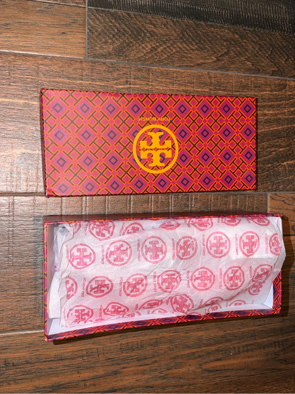 Tory Burch Pink and Orange Geometric Gift Box with Gold Logo